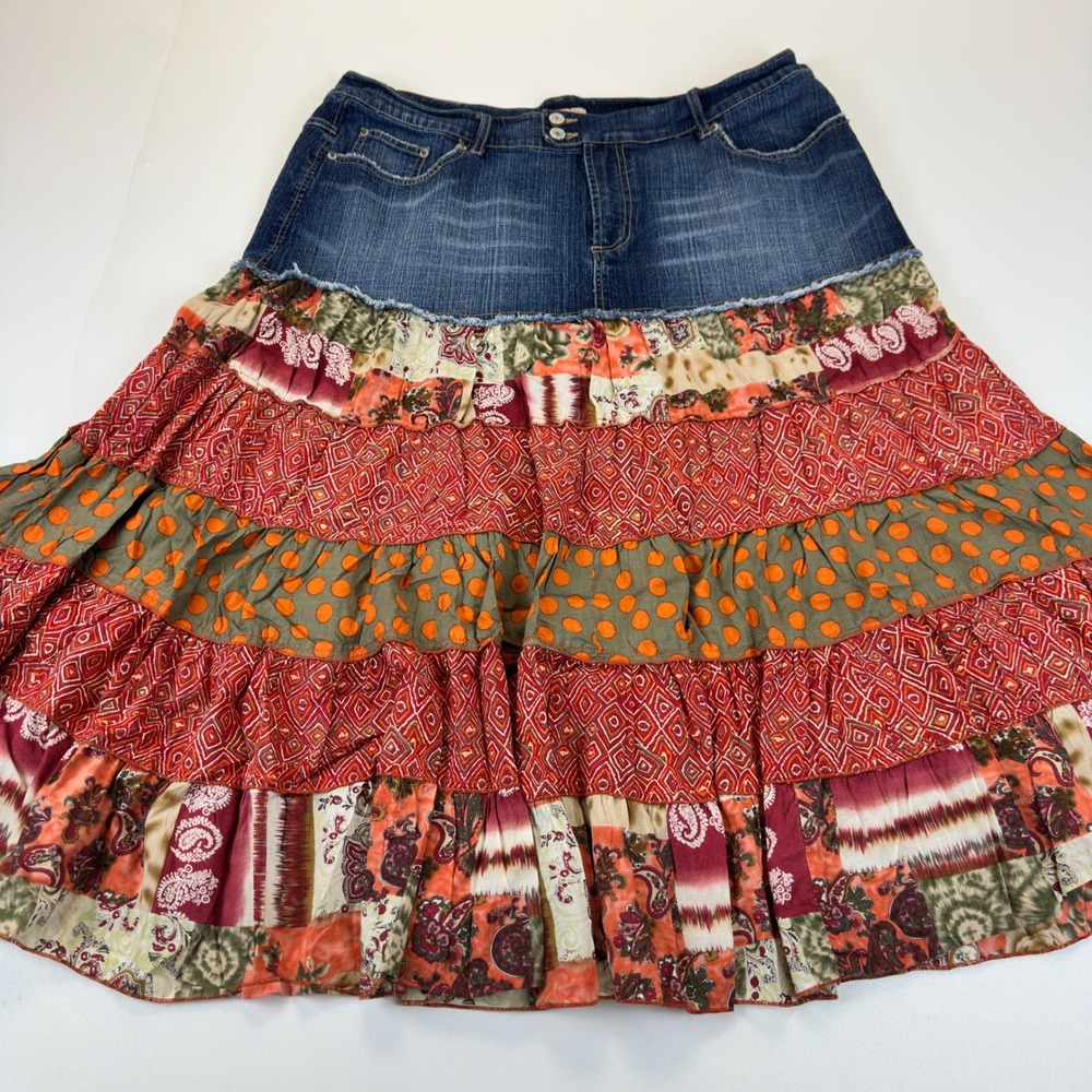 Faded Glory Womens Plus 18W Denim Patchwork Tiered Maxi Skirt Boho Multi Color